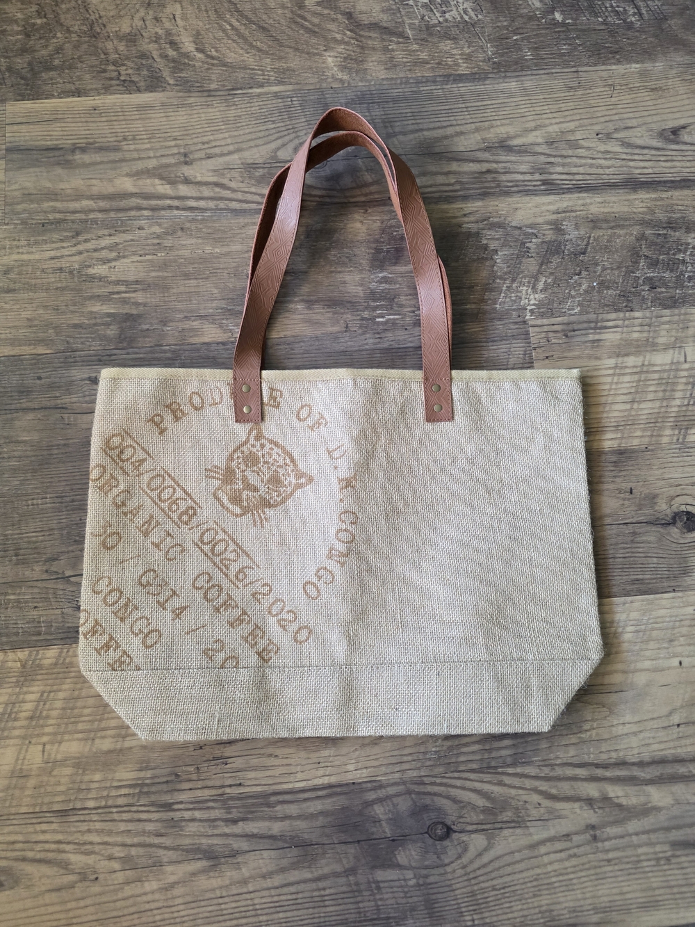 Nespresso Canvas Jute Tote Bag with Leather Straps - Tan Print